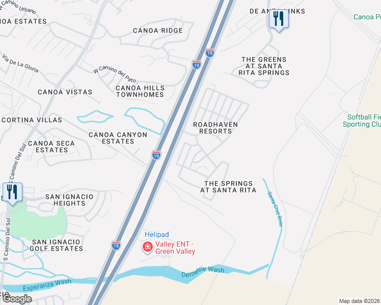 map of restaurants, bars, coffee shops, grocery stores, and more near 965 West Vía Del Placio in Green Valley