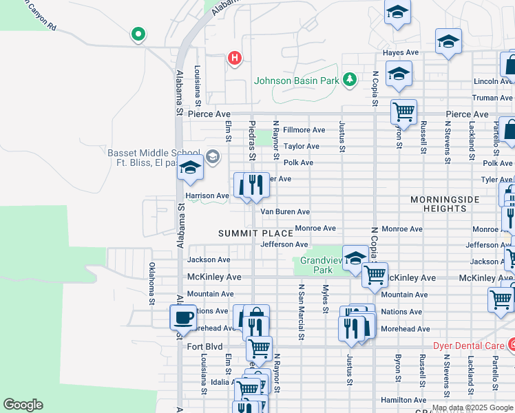 map of restaurants, bars, coffee shops, grocery stores, and more near 4108 North Piedras Street in El Paso
