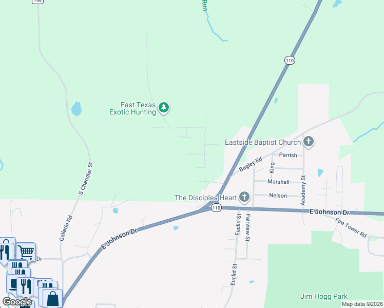 map of restaurants, bars, coffee shops, grocery stores, and more near County Road 1329 in Rusk