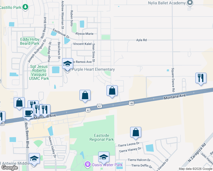 map of restaurants, bars, coffee shops, grocery stores, and more near 12953 Montana Avenue in El Paso