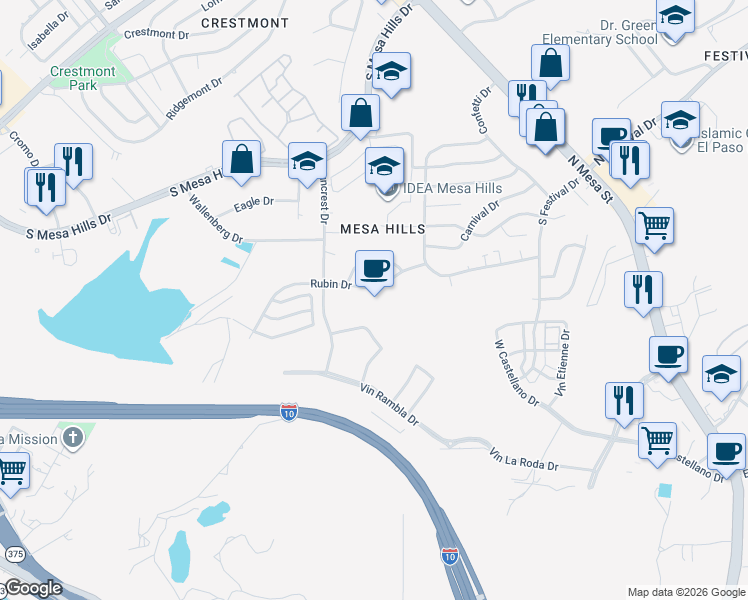 map of restaurants, bars, coffee shops, grocery stores, and more near 500 Rubin Drive in El Paso
