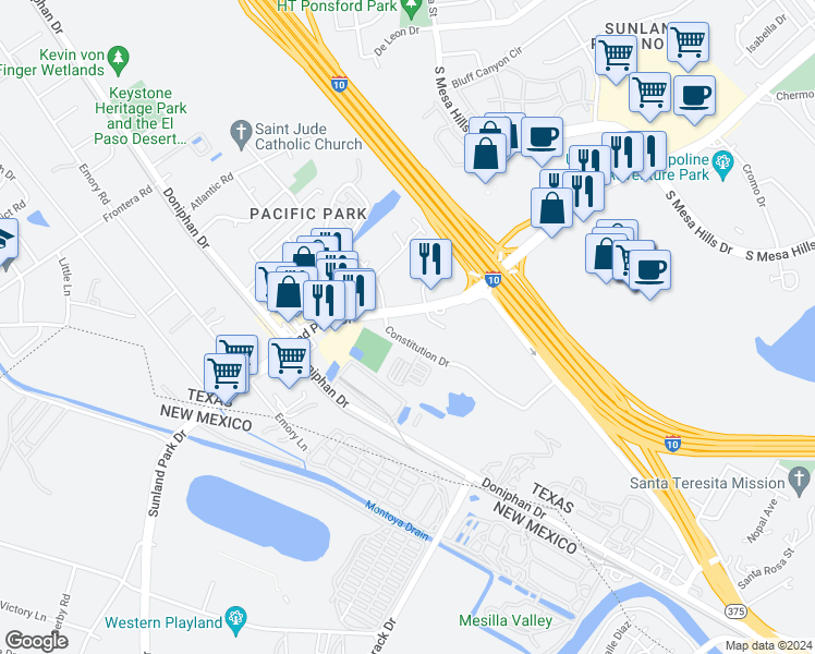map of restaurants, bars, coffee shops, grocery stores, and more near 990 Sunland Park Drive in El Paso