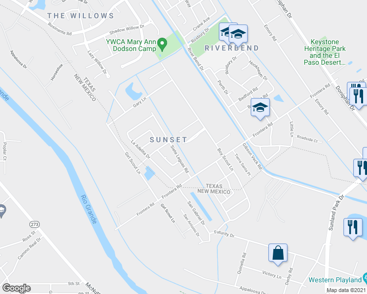 map of restaurants, bars, coffee shops, grocery stores, and more near 4117 Siete Leguas Road in El Paso