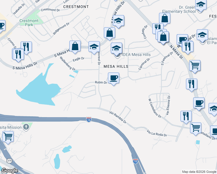 map of restaurants, bars, coffee shops, grocery stores, and more near 500 Rubin Drive in El Paso