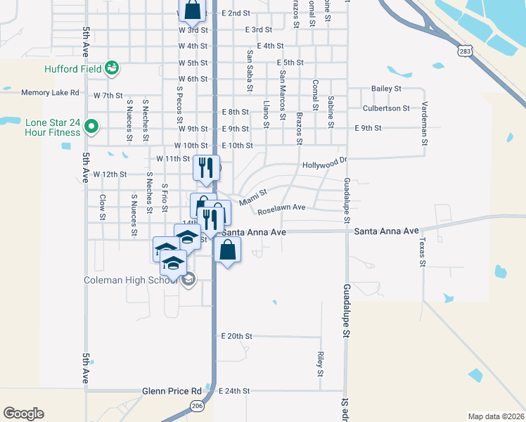 map of restaurants, bars, coffee shops, grocery stores, and more near 125 Roselawn Avenue in Coleman