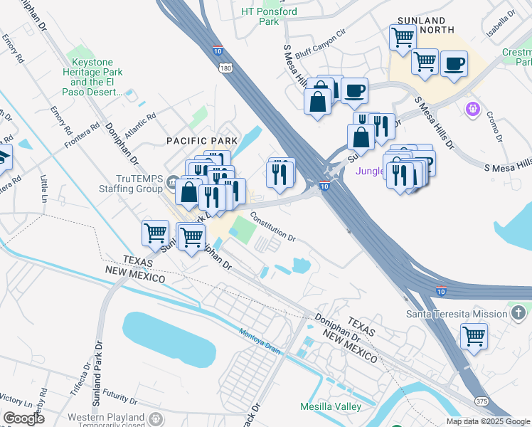 map of restaurants, bars, coffee shops, grocery stores, and more near 990 Sunland Park Drive in El Paso