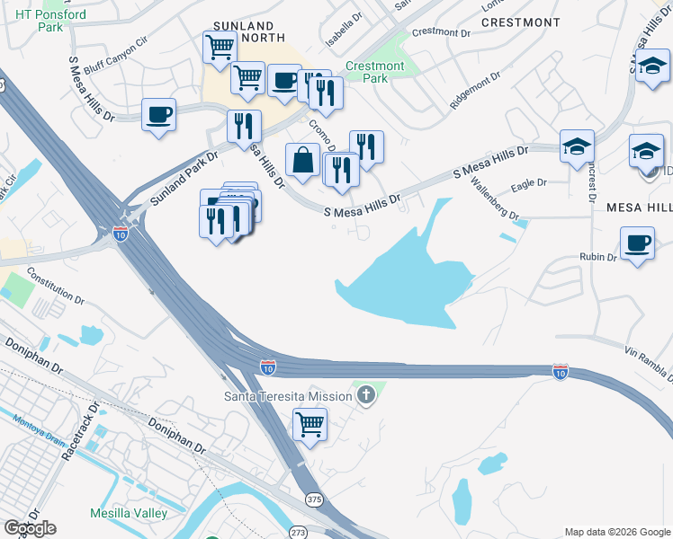 map of restaurants, bars, coffee shops, grocery stores, and more near 734 South Mesa Hills Drive in El Paso