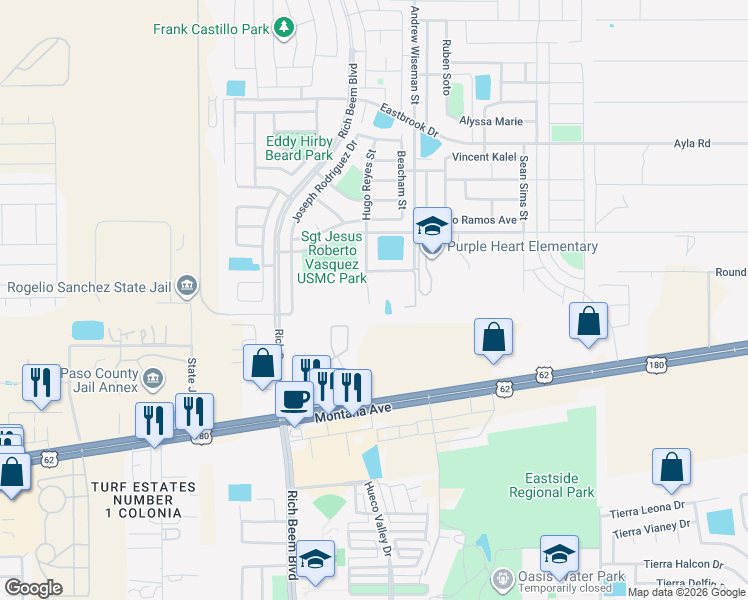 map of restaurants, bars, coffee shops, grocery stores, and more near 4516 Hugo Reyes Drive in El Paso