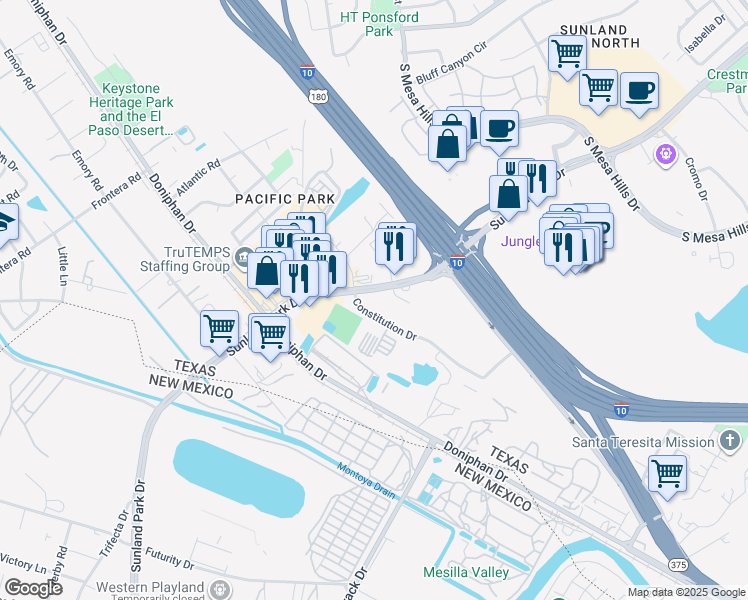 map of restaurants, bars, coffee shops, grocery stores, and more near 990 Sunland Park Drive in El Paso