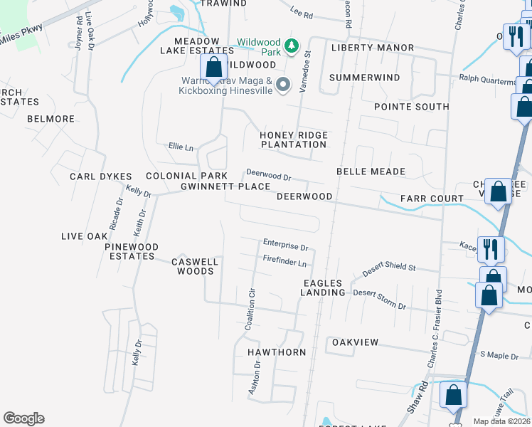 map of restaurants, bars, coffee shops, grocery stores, and more near 215 Whitetail Circle in Hinesville