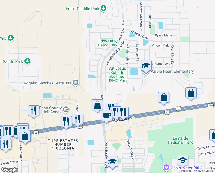 map of restaurants, bars, coffee shops, grocery stores, and more near 4520 Joseph Rodriguez Dr in El Paso
