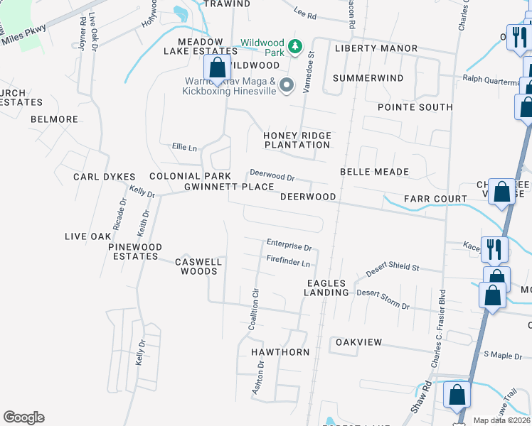 map of restaurants, bars, coffee shops, grocery stores, and more near 215 Whitetail Circle in Hinesville