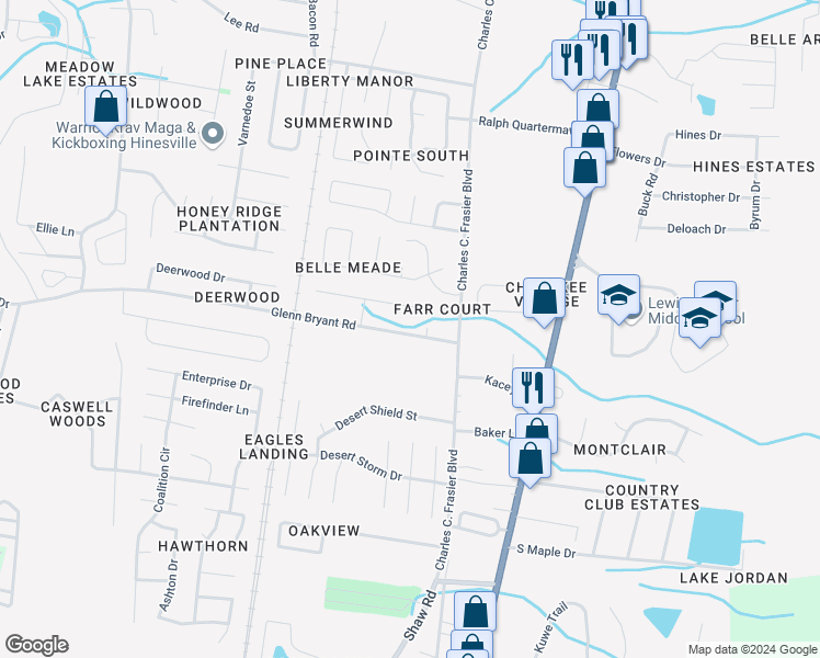 map of restaurants, bars, coffee shops, grocery stores, and more near 116 Glenn Bryant Road in Hinesville