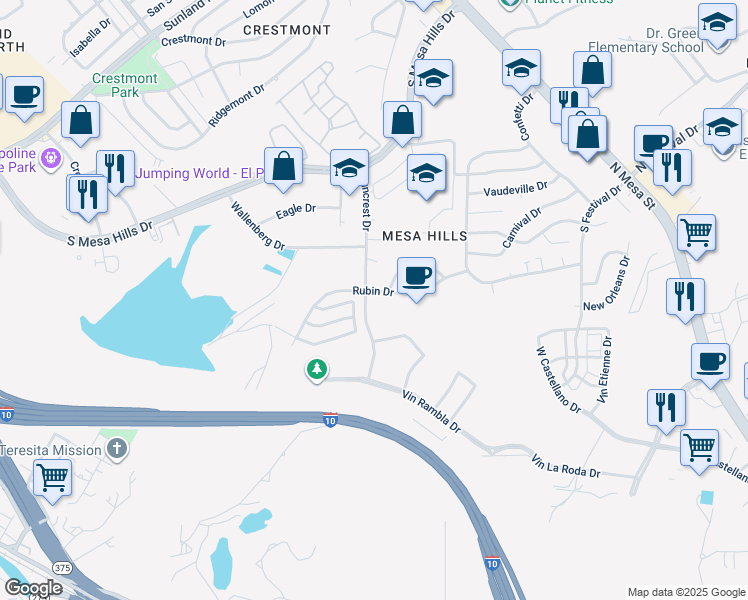 map of restaurants, bars, coffee shops, grocery stores, and more near 550 Rubin Drive in El Paso