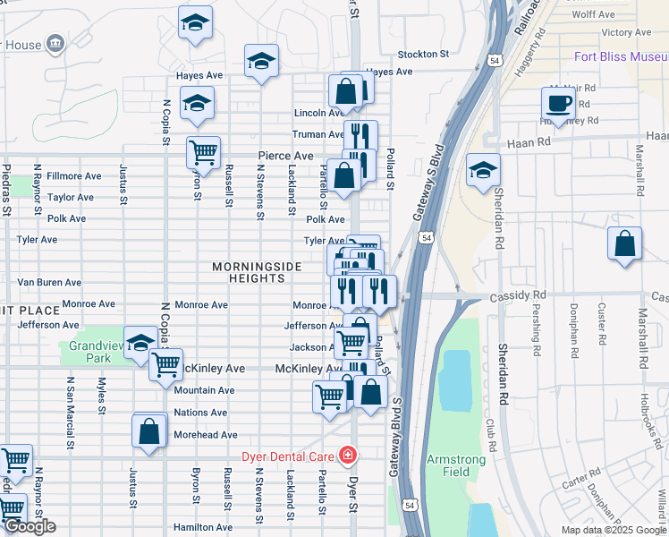 map of restaurants, bars, coffee shops, grocery stores, and more near 3900 Harrison Avenue in El Paso