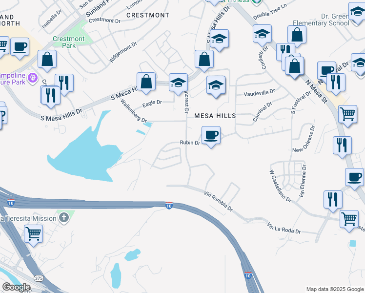 map of restaurants, bars, coffee shops, grocery stores, and more near 550 Rubin Drive in El Paso