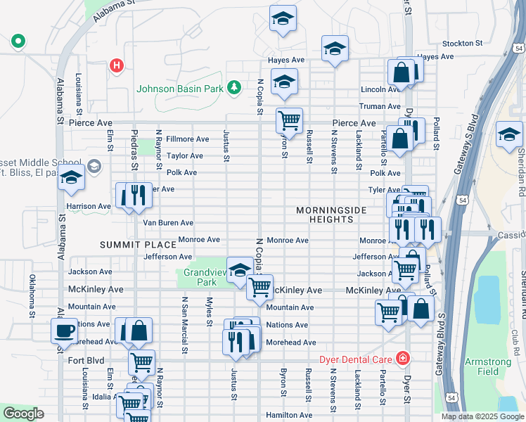 map of restaurants, bars, coffee shops, grocery stores, and more near 3400 Harrison Avenue in El Paso