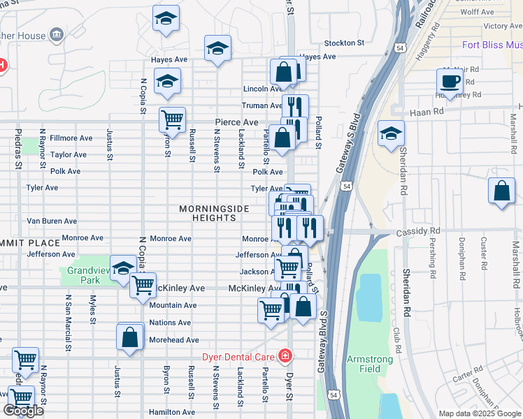 map of restaurants, bars, coffee shops, grocery stores, and more near 3900 Harrison Avenue in El Paso