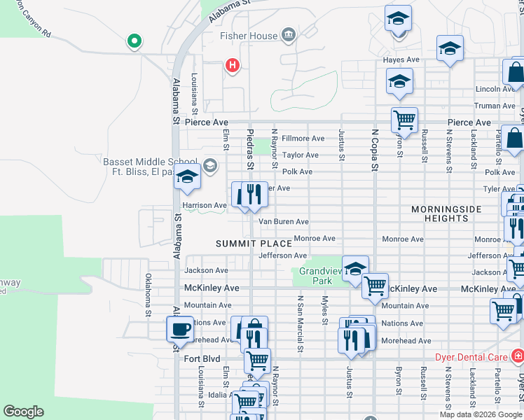 map of restaurants, bars, coffee shops, grocery stores, and more near 4108 North Piedras Street in El Paso