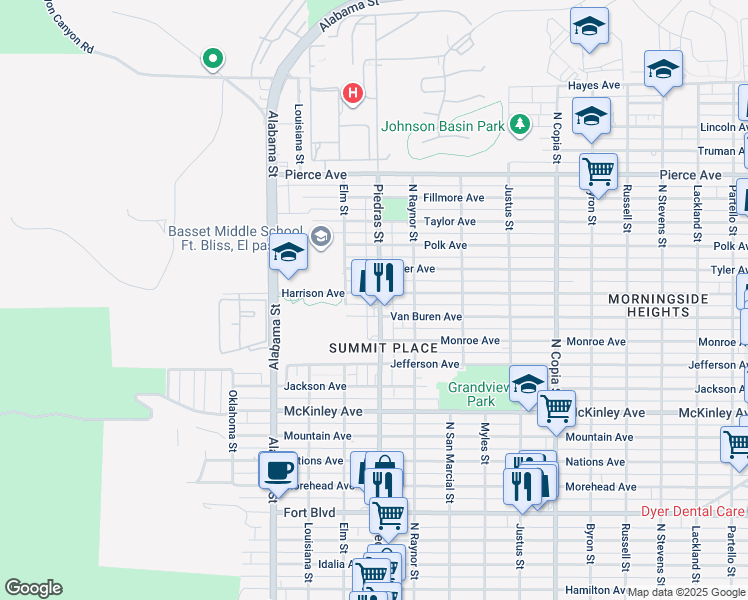 map of restaurants, bars, coffee shops, grocery stores, and more near 4108 North Piedras Street in El Paso