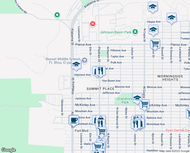 map of restaurants, bars, coffee shops, grocery stores, and more near 2811 Van Buren Avenue in El Paso