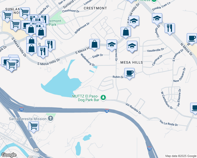 map of restaurants, bars, coffee shops, grocery stores, and more near 611 Rubin Drive in El Paso