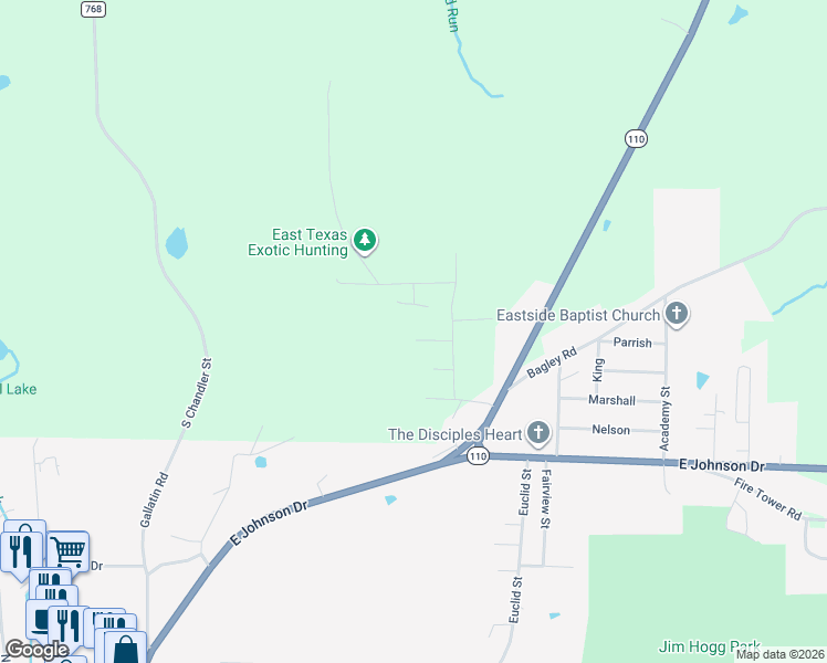 map of restaurants, bars, coffee shops, grocery stores, and more near 182 County Road 1329 in Rusk