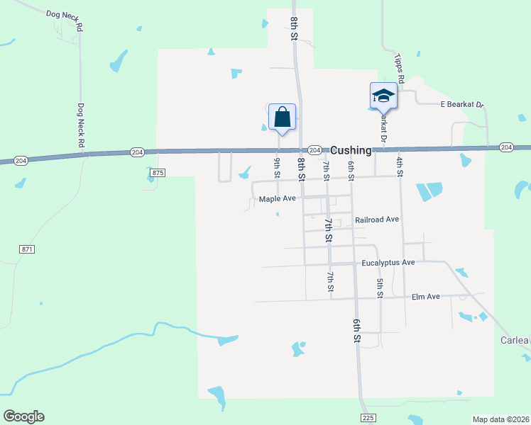 map of restaurants, bars, coffee shops, grocery stores, and more near 991 Maple Avenue in Cushing