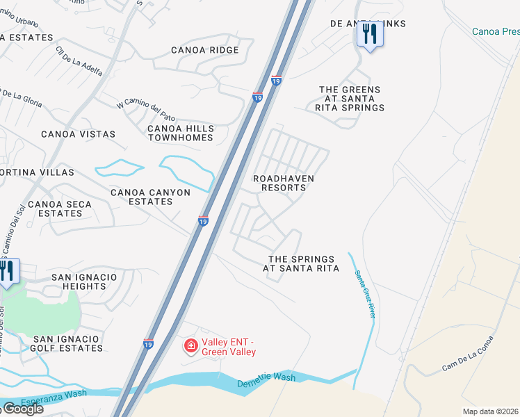map of restaurants, bars, coffee shops, grocery stores, and more near 965 West Vía Del Placio in Green Valley