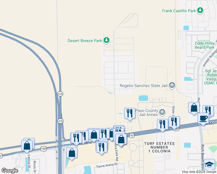 map of restaurants, bars, coffee shops, grocery stores, and more near 3901 Desert Dunes Drive in El Paso