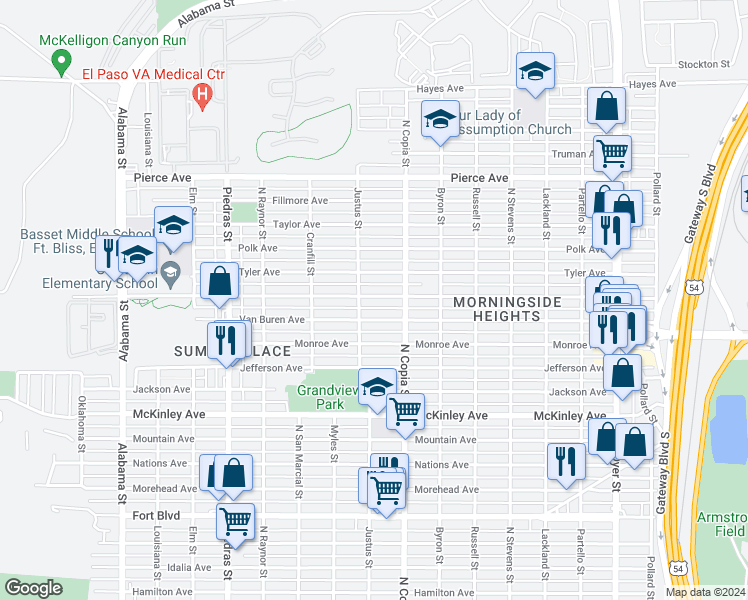 map of restaurants, bars, coffee shops, grocery stores, and more near 3309 Van Buren Avenue in El Paso