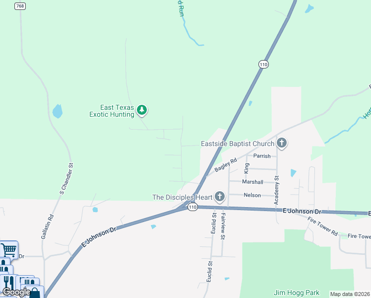 map of restaurants, bars, coffee shops, grocery stores, and more near 142 Earl Street in Rusk