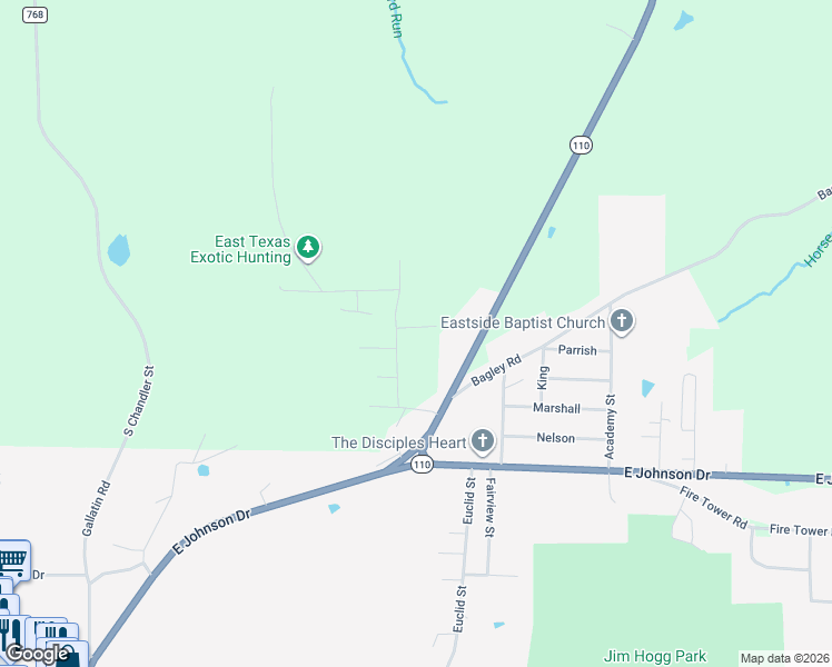 map of restaurants, bars, coffee shops, grocery stores, and more near 142 Earl Street in Rusk