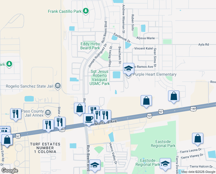 map of restaurants, bars, coffee shops, grocery stores, and more near 4516 Hugo Reyes Drive in El Paso