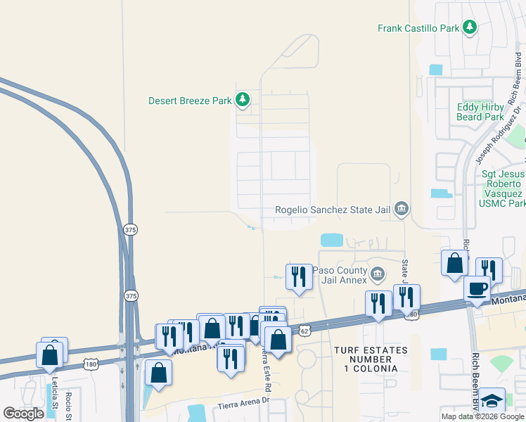 map of restaurants, bars, coffee shops, grocery stores, and more near Justice in El Paso