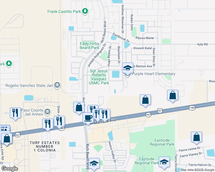 map of restaurants, bars, coffee shops, grocery stores, and more near 4516 Hugo Reyes Drive in El Paso