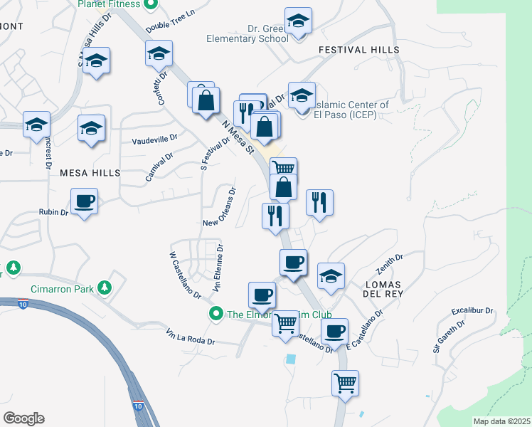map of restaurants, bars, coffee shops, grocery stores, and more near 5111 North Mesa Street in El Paso