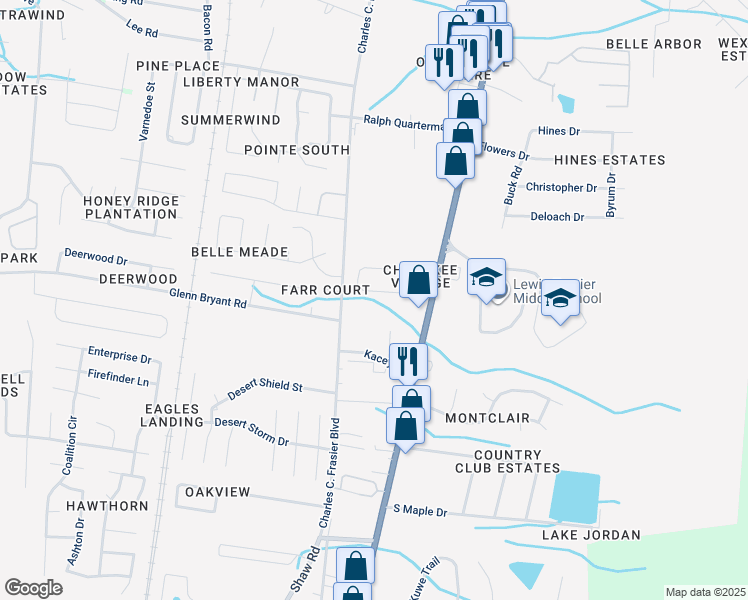 map of restaurants, bars, coffee shops, grocery stores, and more near 168 Cherokee Circle in Hinesville