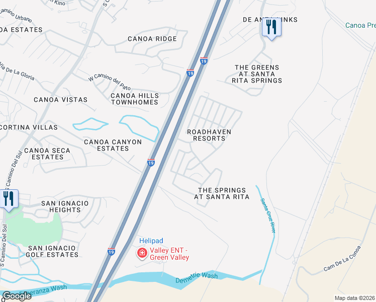 map of restaurants, bars, coffee shops, grocery stores, and more near 965 West Vía Del Placio in Green Valley