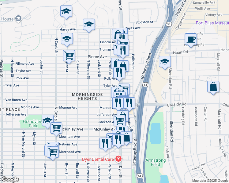 map of restaurants, bars, coffee shops, grocery stores, and more near 3900 Harrison Avenue in El Paso