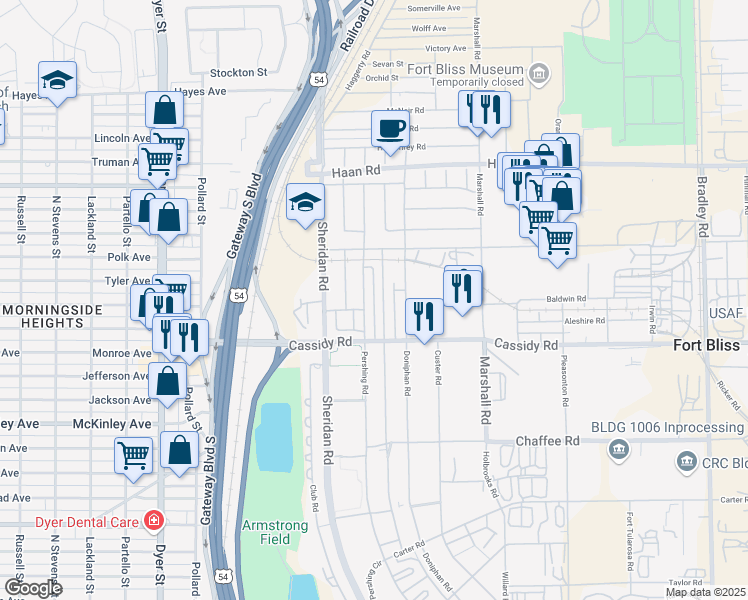 map of restaurants, bars, coffee shops, grocery stores, and more near 110 Sheridan Road in El Paso