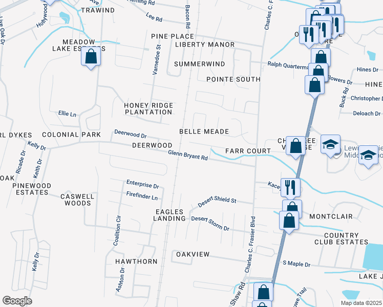 map of restaurants, bars, coffee shops, grocery stores, and more near 142 Glenn Bryant Road in Hinesville