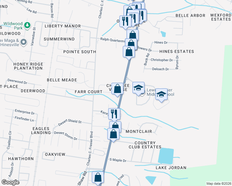 map of restaurants, bars, coffee shops, grocery stores, and more near 183 Cherokee Circle in Hinesville