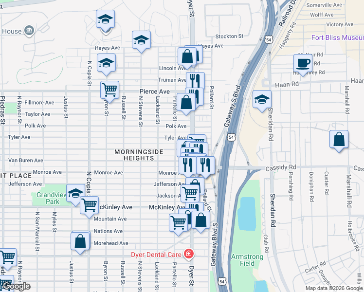 map of restaurants, bars, coffee shops, grocery stores, and more near 3900 Harrison Avenue in El Paso
