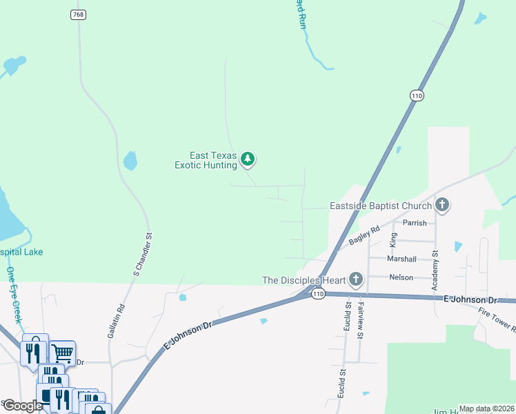 map of restaurants, bars, coffee shops, grocery stores, and more near 182 County Road 1329 in Rusk