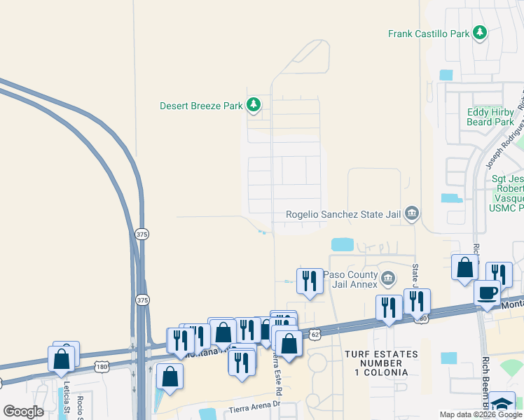map of restaurants, bars, coffee shops, grocery stores, and more near 3901 Desert Dunes Drive in El Paso