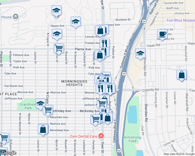 map of restaurants, bars, coffee shops, grocery stores, and more near 3900 Harrison Avenue in El Paso