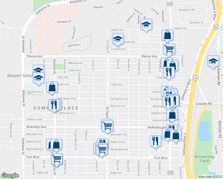 map of restaurants, bars, coffee shops, grocery stores, and more near 3400 Harrison Avenue in El Paso