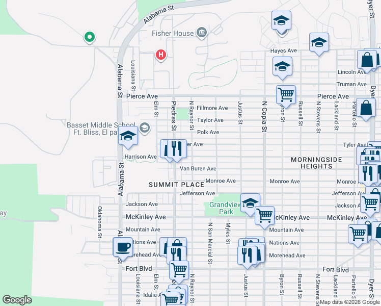 map of restaurants, bars, coffee shops, grocery stores, and more near 3000 Harrison Avenue in El Paso