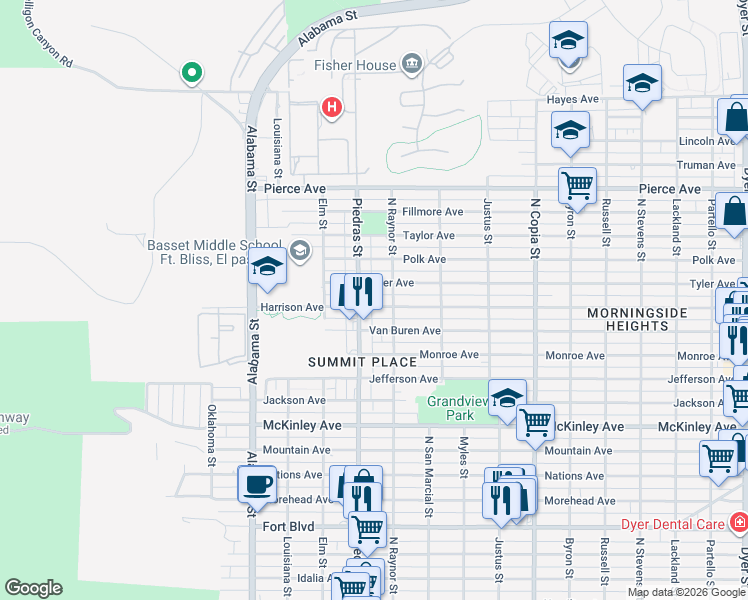 map of restaurants, bars, coffee shops, grocery stores, and more near 4108 North Piedras Street in El Paso